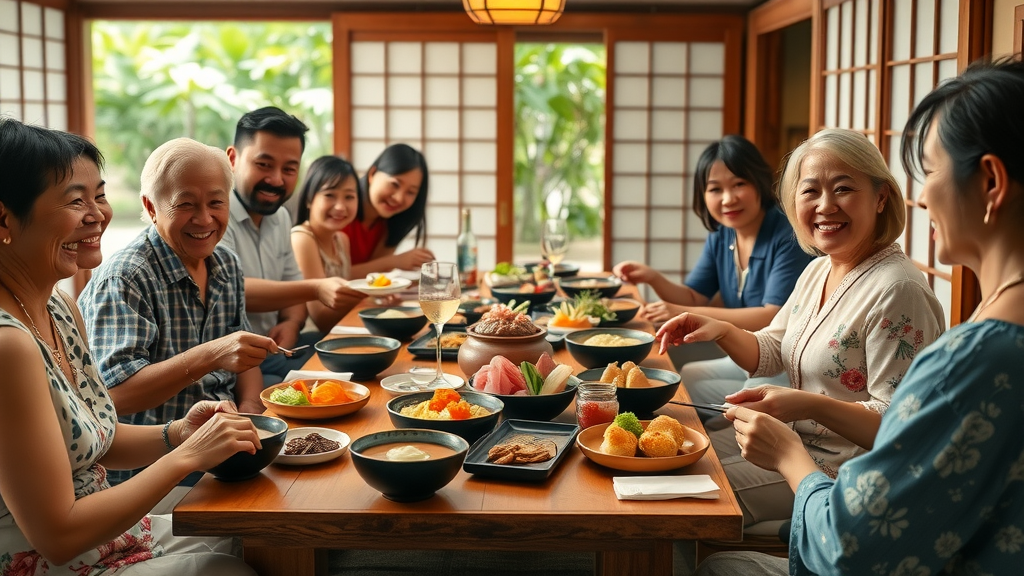 Locals enjoy Japanese cuisine in Pearl City Hawaii at a vibrant shared meal