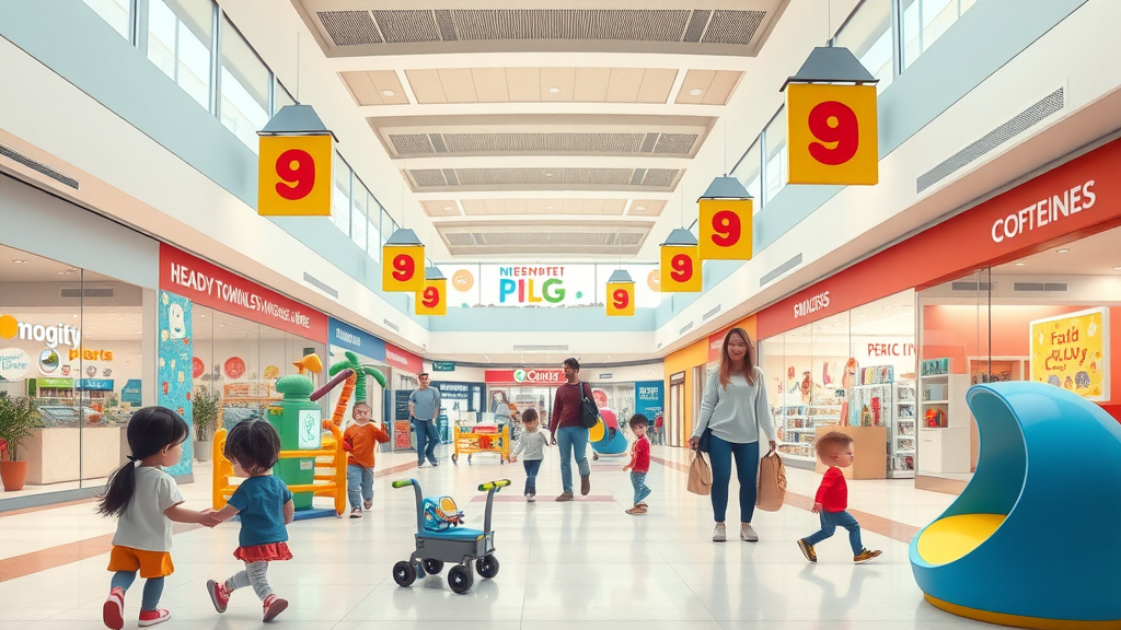 Spacious family-friendly shopping center in Pearl City, children playing, parents browsing, colorful mall, pearl city shop, city shopping center