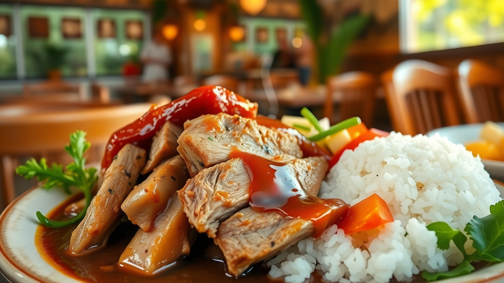 close-up of local hawaiian plates featuring shoyu pork and colorful sides
