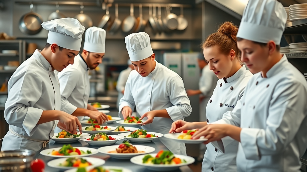 Culinary student experience in action, teamwork and vibrant kitchen atmosphere.