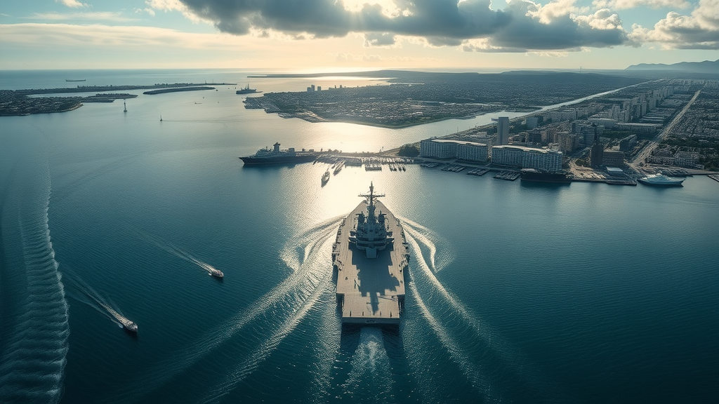 Dramatic aerial view of Pearl Harbor, serene yet powerful, highlighting the iconic USS Arizona Memorial, harbor waters reflecting the morning light, highly detailed, movement of small boats in the scene, wide-angle, soft blues and whites, natural daylight
