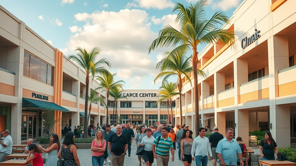 Bustling Pearlridge Center in Pearl City, Hawaii, lively shopping with families, modern architecture, palm trees, pastel colors, shoppers mingling, warm afternoon light. Pearl City, Hawaii shopping center destination.