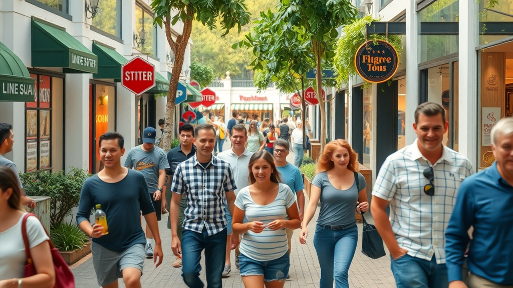 pearl city shopping center, families and groups enjoying local stores, energetic Pearl City community, city high backdrop