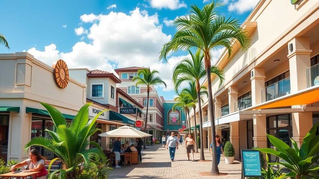 inviting bustling local shopping center in Pearl City, outdoor cafes, exploring boutiques, Pearl City attractions, vibrant storefronts, tropical plants, bright daylight