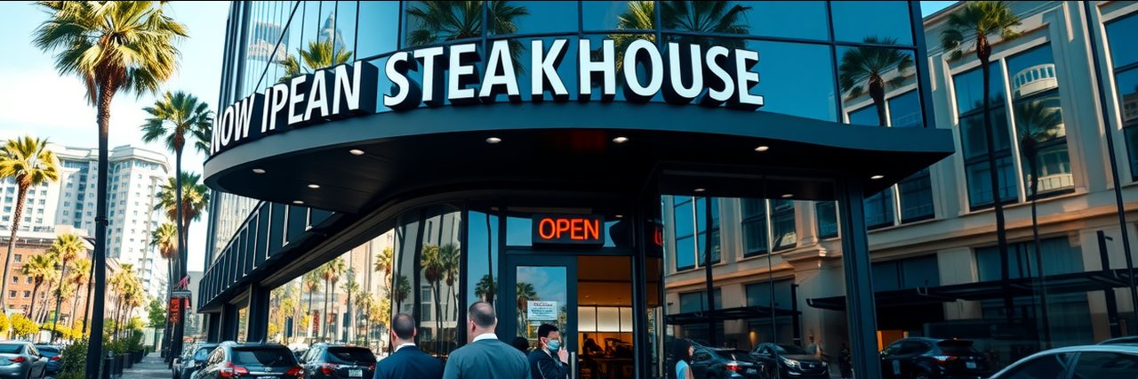 Exterior of Pearl City steakhouse dining with NOW OPEN sign and cityscape reflection