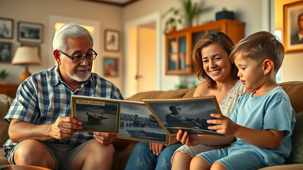 Family at home in Honolulu, attentive, grandparents sharing old photographs and stories about Pearl Harbor with young children, living room with island-style décor, WWII memorabilia, golden hour natural light