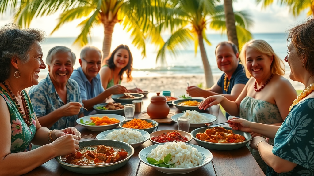 family sharing local hawaiian plates at an outdoor picnic table