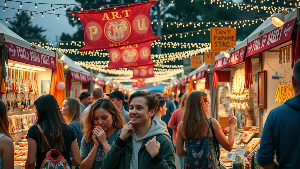 Colorful pop-up market in Pearl City, enthusiastic visitors, local art, jewelry stalls, open-air shopping, city shop, gift fair