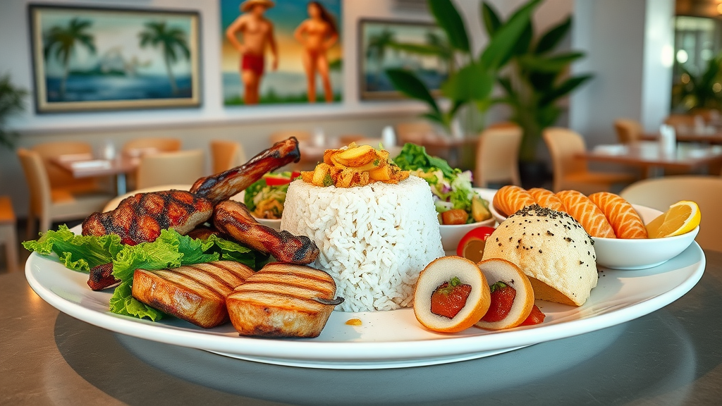 modern local hawaiian plates with meats, rice, and sushi in a chic restaurant