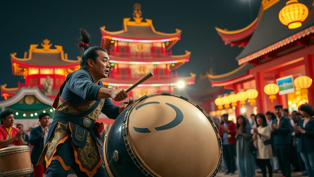 Taiko drummer performing at night during Pearl City Bon Dance 2025