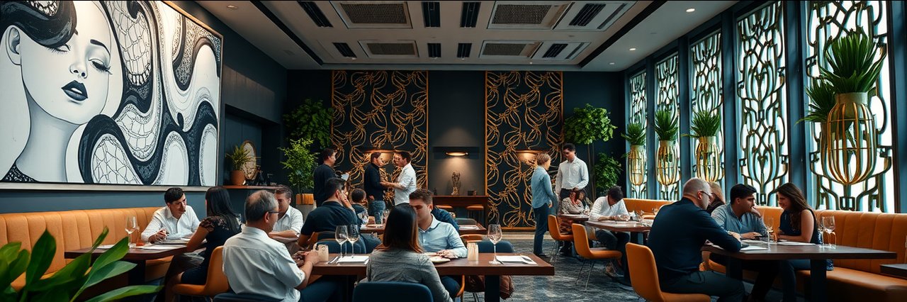Culinary student experience in an elegant, modern dining area with guests socializing.