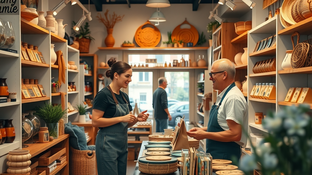 Inviting artisan boutique interior in Pearl City, cheerful shopkeepers, handcrafted goods, cozy and vibrant, pearl city shopping center
