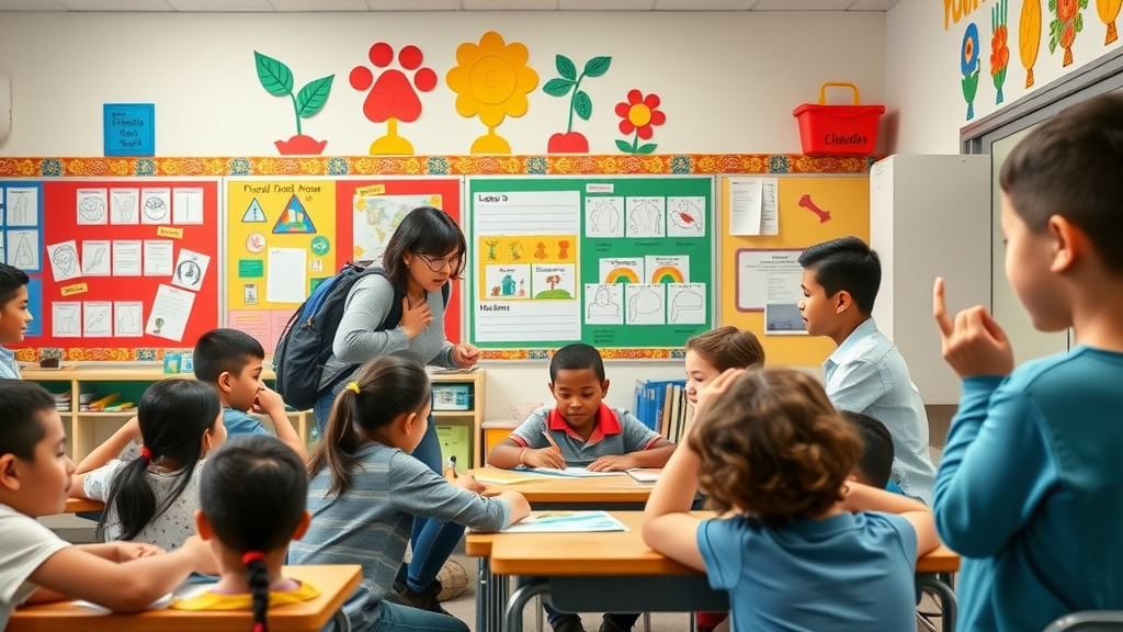 Dynamic classroom scene at a Pearl City elementary school, welcoming and diverse, teacher leading an interactive lesson, colorful educational displays and student artwork, cheerful primary colors, natural window lighting. Elementary school education in Pearl City, Hawaii.