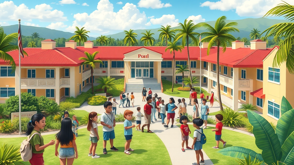 Cheerful high school campus in Pearl City, Hawaii, students gathering outdoors, campus buildings with tropical landscaping, vibrant school colors, bright daylight. Pearl City High School, a leading city landmark.