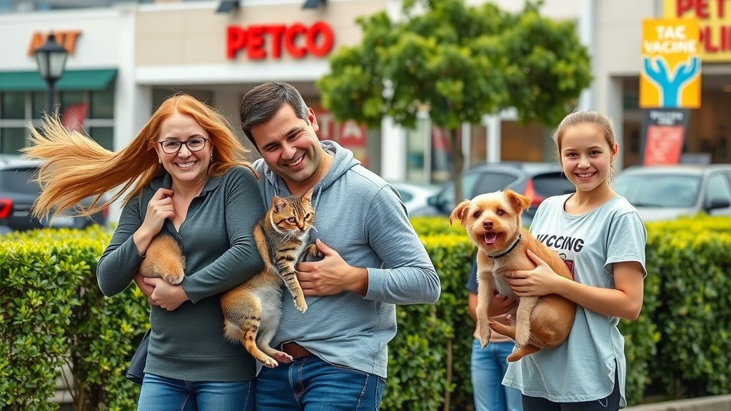 Family with pets waiting outside Petco Vaccine Clinic Pearl City in plaza