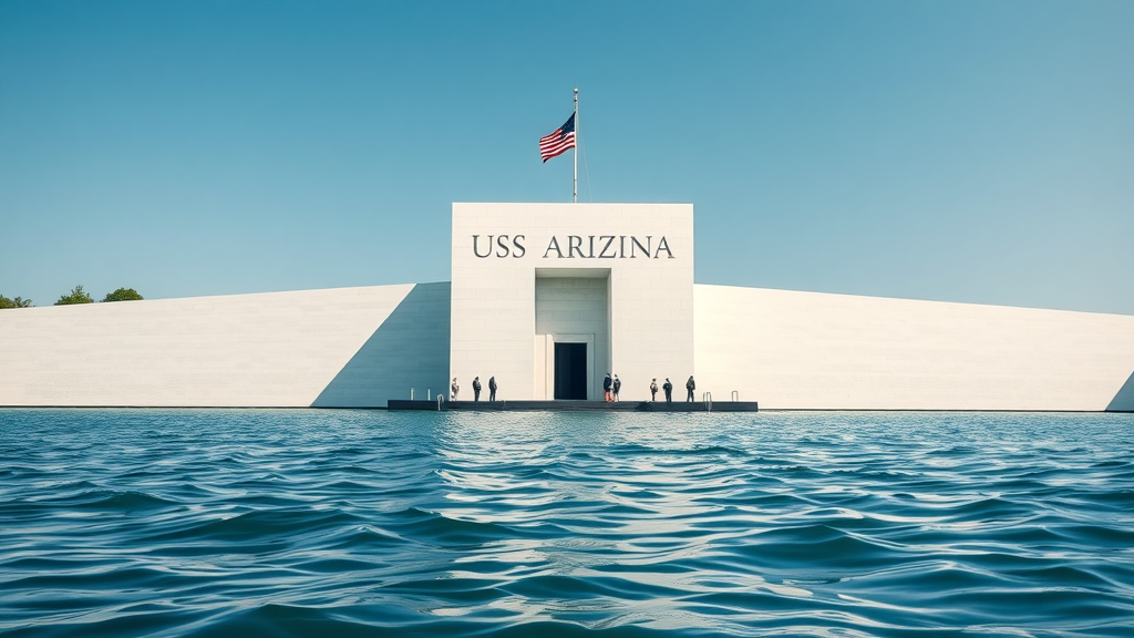 Solemn close-up of the USS Arizona Memorial, respectful, calm waters, white structure gleaming under clear sky, American flag visible, rippling water, crisp whites and blues