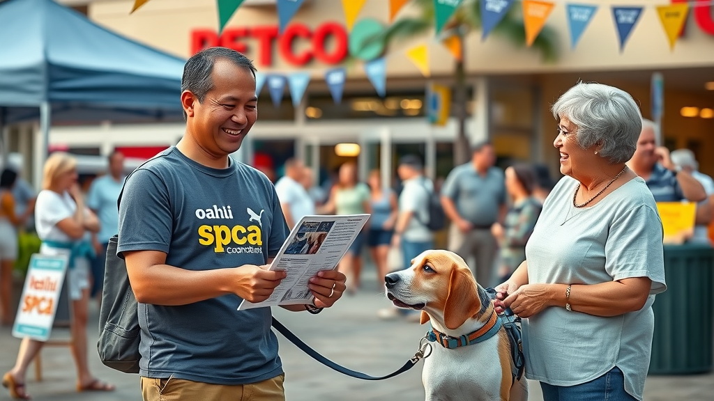 Oahu SPCA volunteer greets Pearl City couple with beagle at Petco vaccine clinic