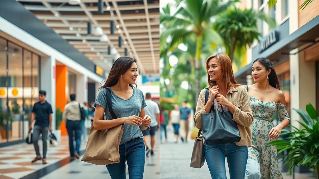 Contrasting modern city mall vs Pearl City tropical shopping avenue, friendly shoppers, comparing shopping bags, city shopping center, pearl city shopping
