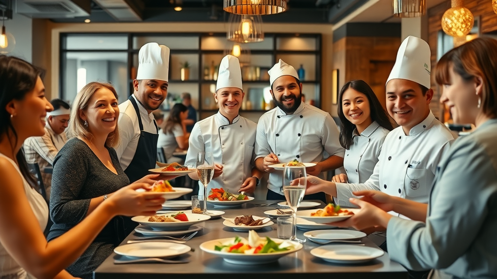 Culinary student experience meets real guests, students serving dishes with pride.