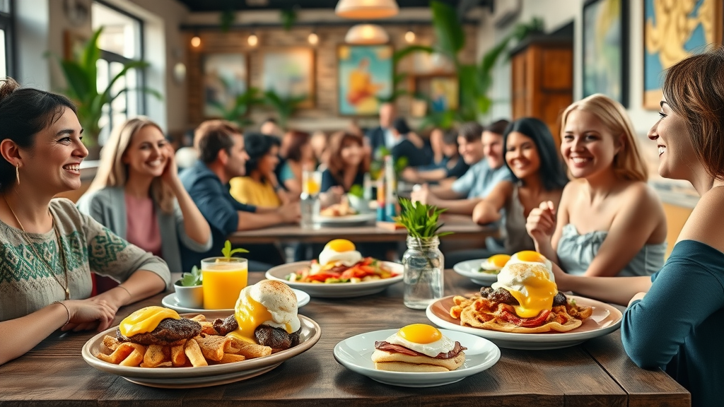 Diverse group enjoying casual Pearl City dining at brunch in cozy cafe.