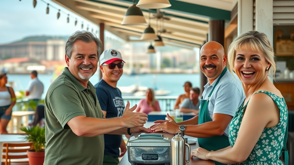 Cheerful local business owners near Pearl Harbor, welcoming, serving both locals and tourists at a bustling outdoor café, visible historic harbor in the background, highly detailed, movement of customers and staff, sunny afternoon lighting