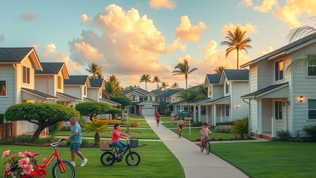 Inviting residential neighborhood in Pearl City, family-friendly, neighbors gardening and children riding bikes, single-family homes with manicured lawns and hibiscus flowers, gentle cloud movement, pastel colors. Family life in Pearl City, Hawaii neighborhood.
