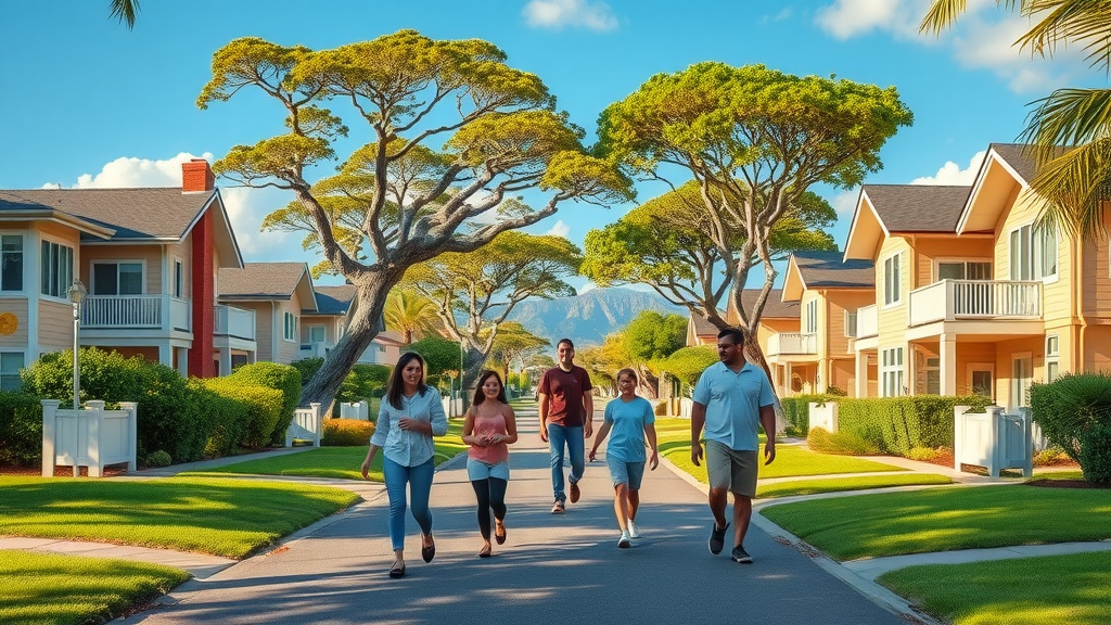 Inviting Pearl City real estate street with cheerful families and mountain backdrop