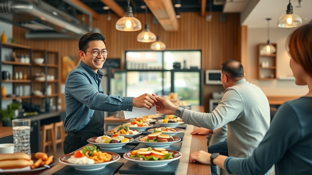 Casual Pearl City dining takeout experience with staff and vibrant breakfast plates.