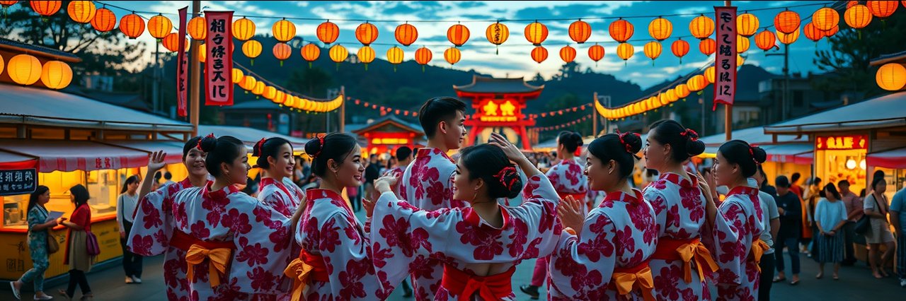 Colorful pearl city bon dance 2025 festival with lanterns and dancers in yukatas.