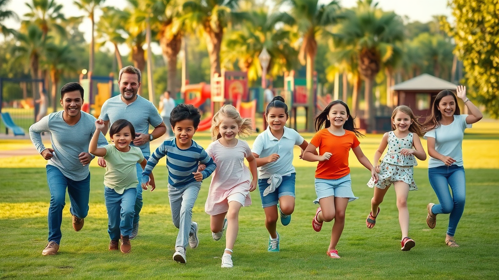 joyful families playing in a vibrant community park, children and parents engaging in fun activities, Manana Community Park, Pearl City attractions, lush lawns, playground equipment, warm afternoon sunlight