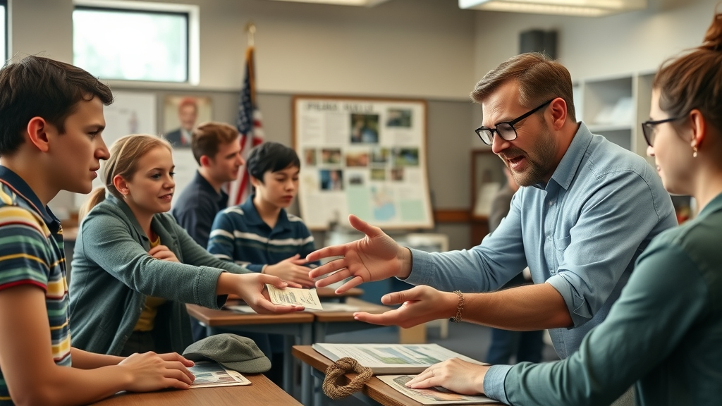Dynamic classroom scene, engaged students and passionate teacher, examining authentic WWII memorabilia related to Pearl Harbor, educational displays and U.S. flags, natural daylight