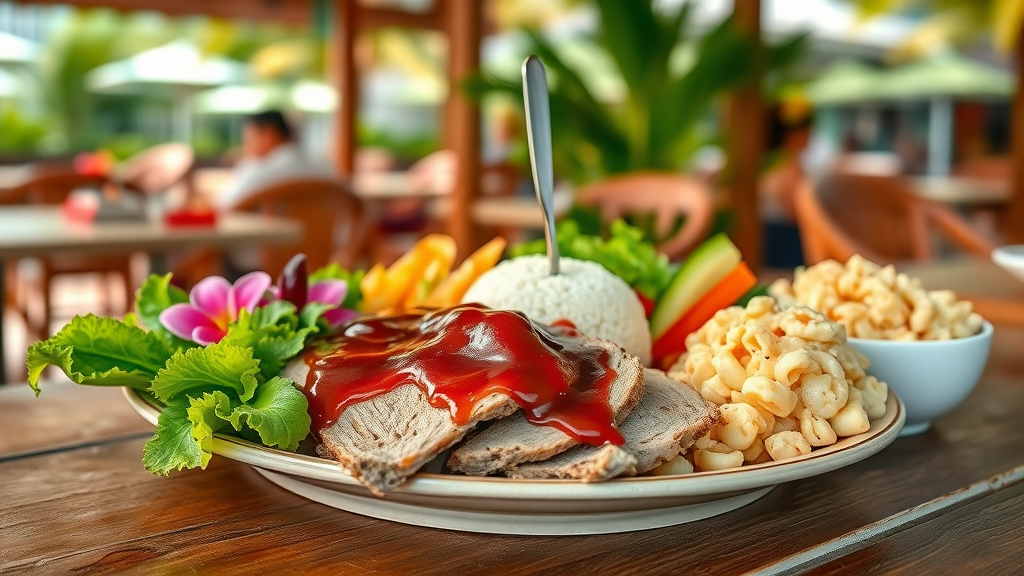 local hawaiian plates served with roast pork, rice, and macaroni salad