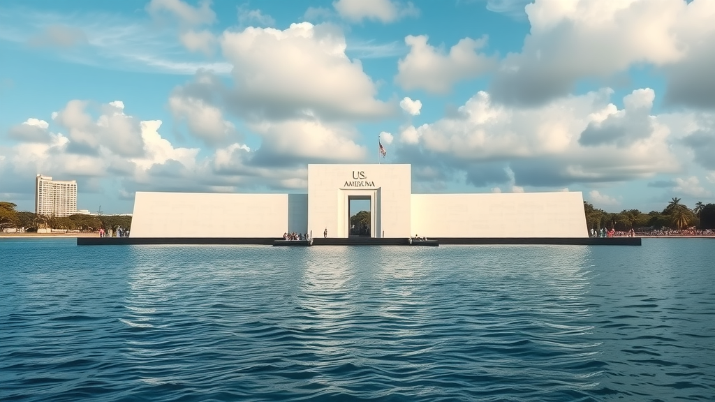 majestic view of the USS Arizona Memorial at Pearl Harbor, somber yet inspiring, quiet reflection, Oahu’s shoreline, Pearl City attractions, blue water, white structure, natural morning light