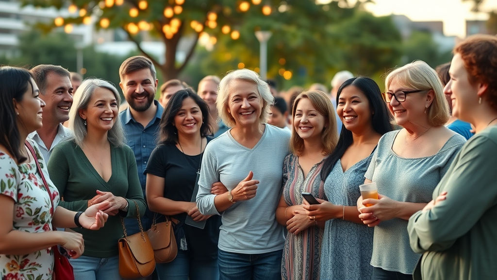 pearl city community members gathering in a city park, smiling and interacting, Pearl City landmarks in the background, diverse community
