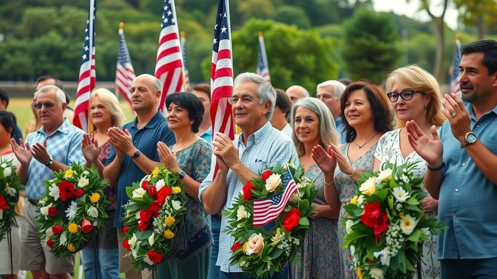Diverse local community gathering, appreciative, attending a Pearl Harbor remembrance wreath ceremony, lush green park, sandy shoreline, movement of flags and wreaths, vibrant natural colors, diffused daylight