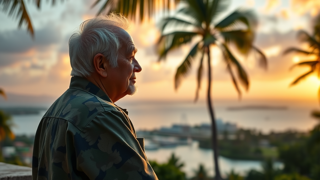 Contemplative elderly Hawaiian resident, reflective, gazing out over the Pearl Harbor waters at sunrise, faint outline of the memorial, lush landscape, palm trees moving, warm golden hues, soft sunrise lighting
