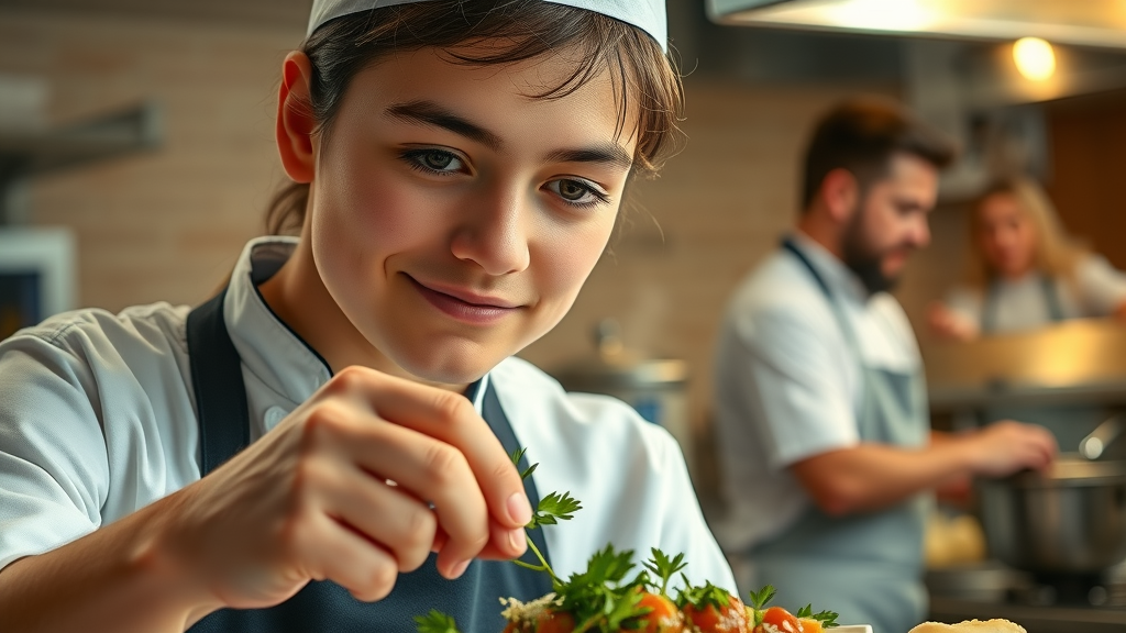 Focused culinary student skillfully finishing a dish, mastery in kitchen setting.