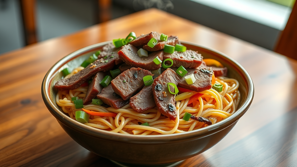 Hawaiian brisket fried noodles topped with tender prime brisket slices.