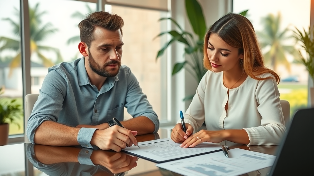 Young Pearl City homebuyers signing purchase documents in an office with tropical views