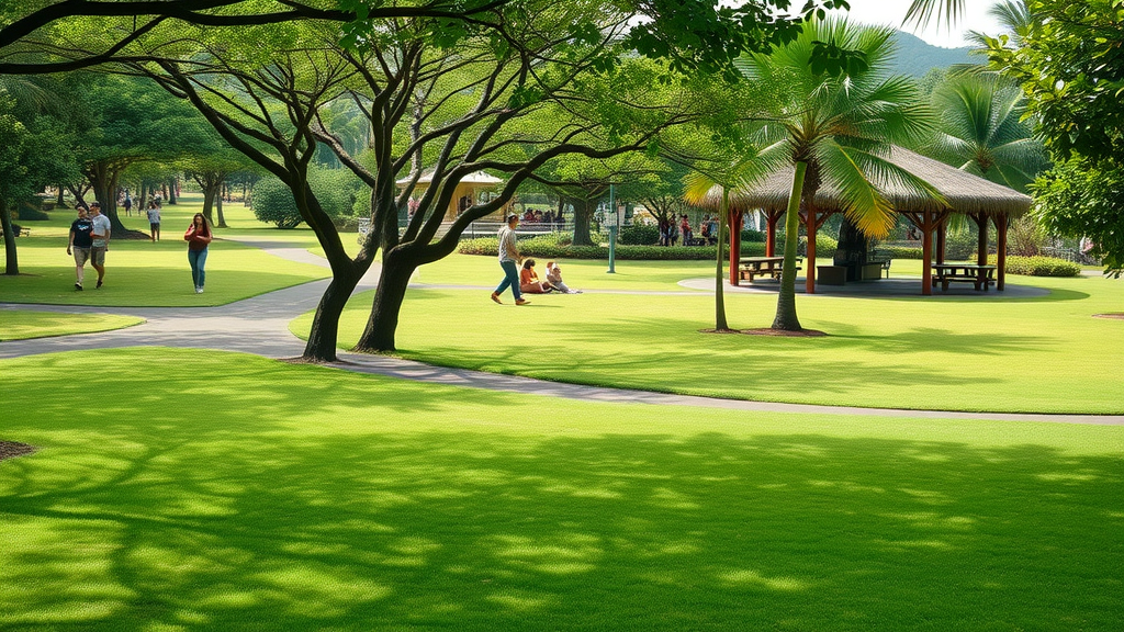 inviting bustling local shopping center in Pearl City, people enjoying outdoor cafes and exploring boutiques, Pearl City attractions, vibrant storefronts, tropical plants, bright daylight