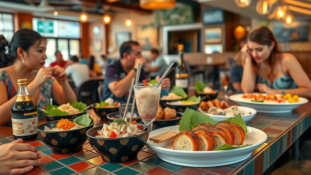 Delectable Hawaiian fusion cuisine in a local Pearl City restaurant, diners enjoying poke bowls and fresh sushi, colorful tiled tables and casual island décor, steam rising from fresh plates, soft evening lighting. Culinary highlights of Pearl City, Hawaii.
