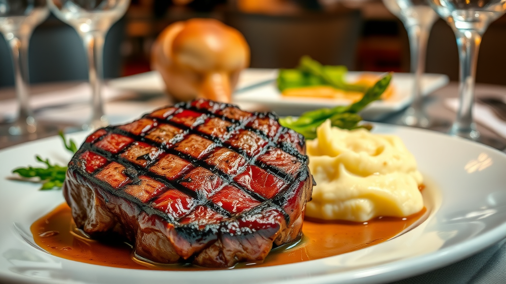Perfectly grilled steak plate at Pearl City steakhouse dining, close-up view.