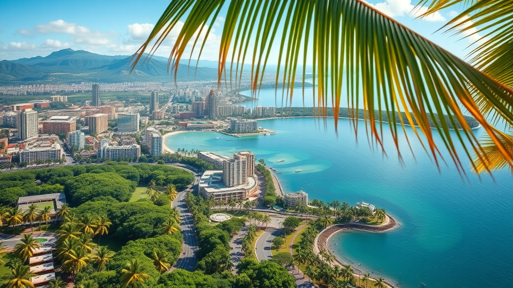 breathtaking aerial view of Pearl City, serene and vibrant, showcasing lush green parks meeting sparkling blue waters, bustling with tourists and locals, panoramic cityscape, palm trees, island mountains, and the Pacific Ocean, Pearl City attractions, sunny day