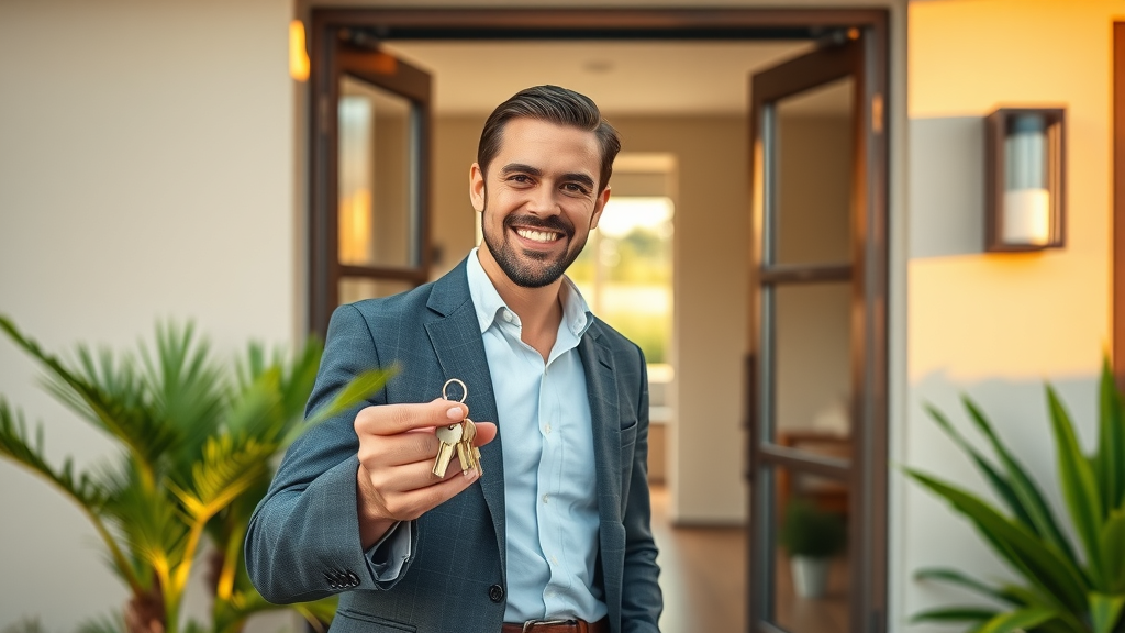 Pearl City real estate agent presenting house keys at a modern home