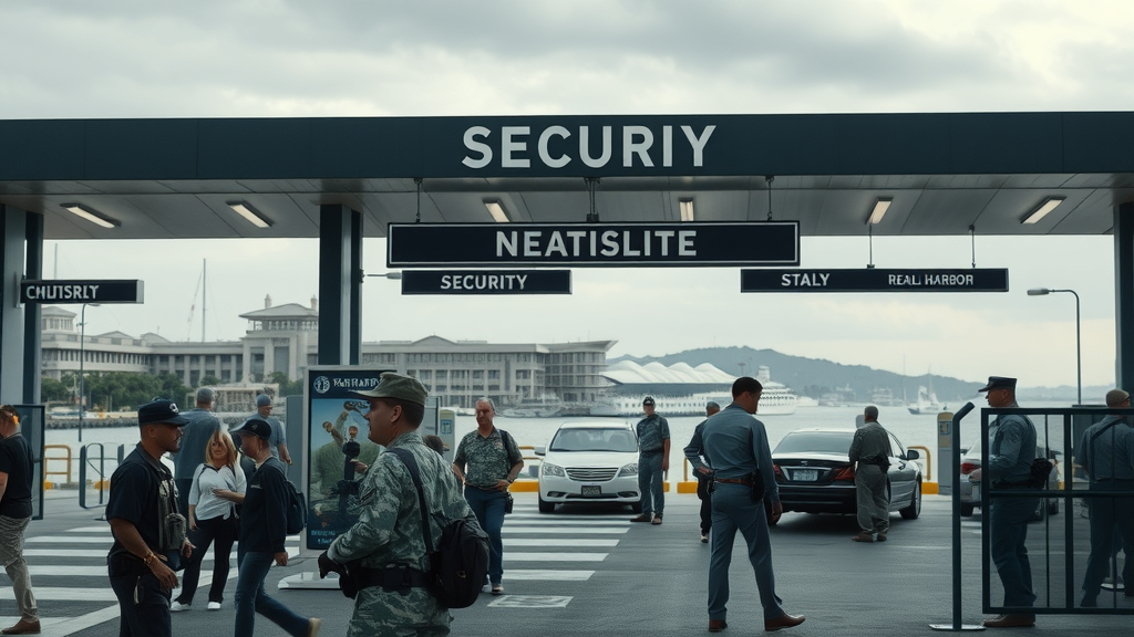 Modern security checkpoint at Pearl Harbor, vigilant, military and civilian presence, historic naval buildings, movement of security personnel, muted navy blue and gray tones, morning overcast lighting