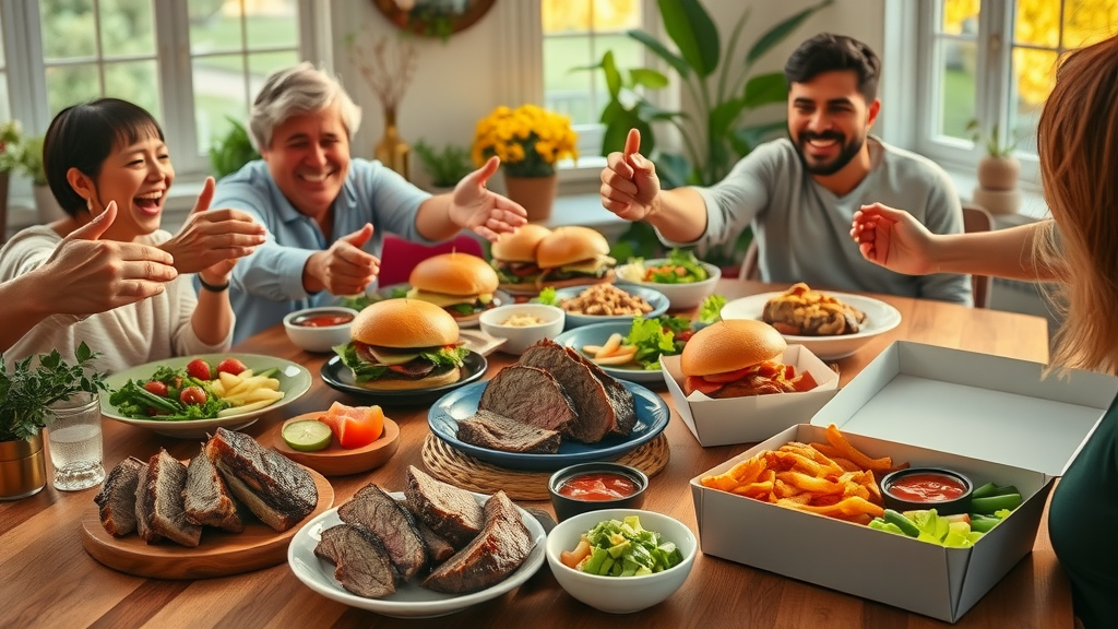 Comfort food spread of prime brisket dishes at a lively family table.