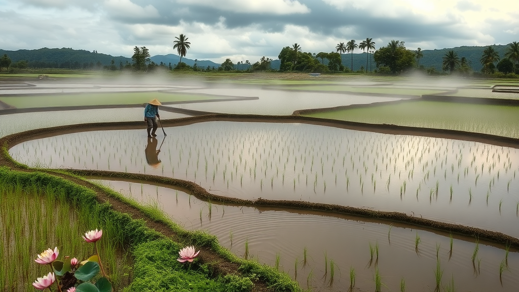 Serene historical rice paddies in Pearl City, Hawaii, peaceful and reflective, local workers tending fields, mist rising from water with island flora encircling the paddies, muted greens and browns, soft morning light. Pearl City, Hawaii rice paddies heritage.