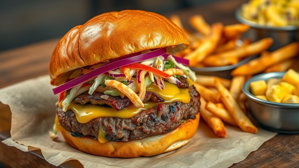 Prime brisket burger with cheese, brioche bun, and sides for brisket lovers.