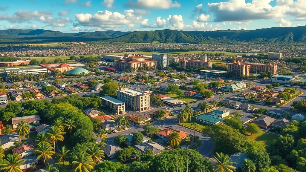 Vibrant aerial view of Pearl City, Hawaii, bustling yet tranquil, capturing the blend of suburban neighborhoods and lush tropical greenery, Oahu’s rolling hills in the background dotted with homes, highly detailed, gentle breeze rustling palm trees, rich greens & blues, natural daylight, shot with a wide-angle lens. Pearl City, Hawaii neighborhoods and lush landscape.